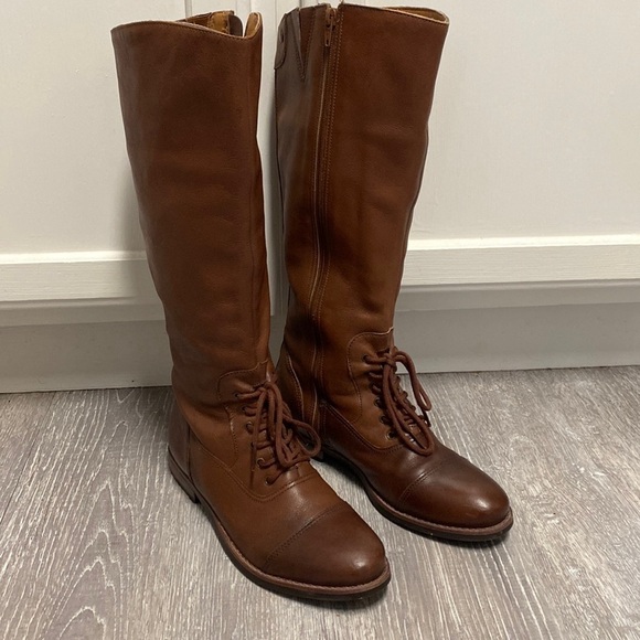 ❌SOLD❌Matisse Cognac Tall Leather with Lace Up Riding Boots Wide Stretch Leg - Picture 4 of 17